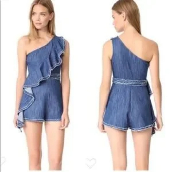 Alexis Blakely Romper Womens Large Chambray Denim Ruffle One Shoulder - Picture 2 of 15